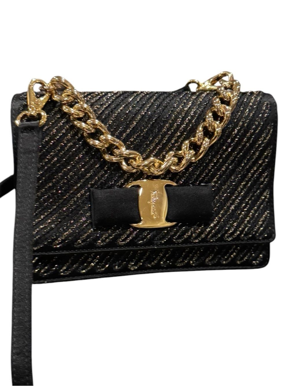 Salvatore Ferragamo Black & Gold Glitter 2way Vara Bow Ginny Crossbody Bag Auth